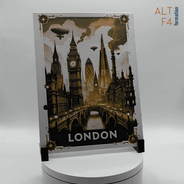 3D-printed pinup London steampunk style poster
