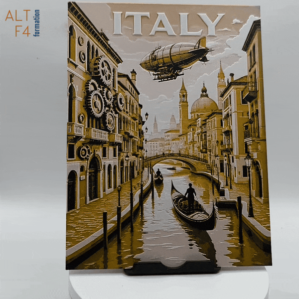 3D-printed travel poster of Italy in steampunk style