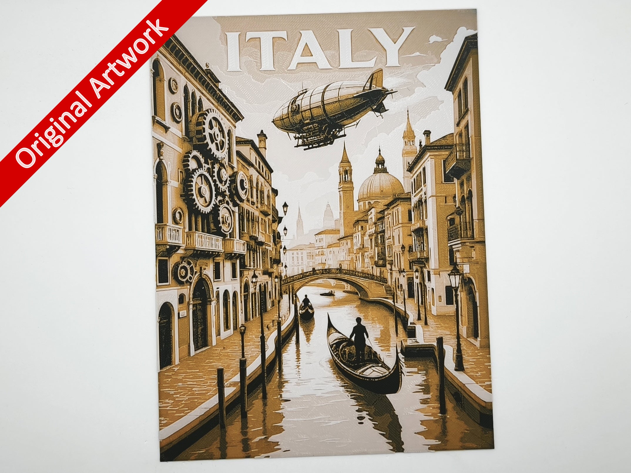 3D-printed travel poster of Italy in steampunk style