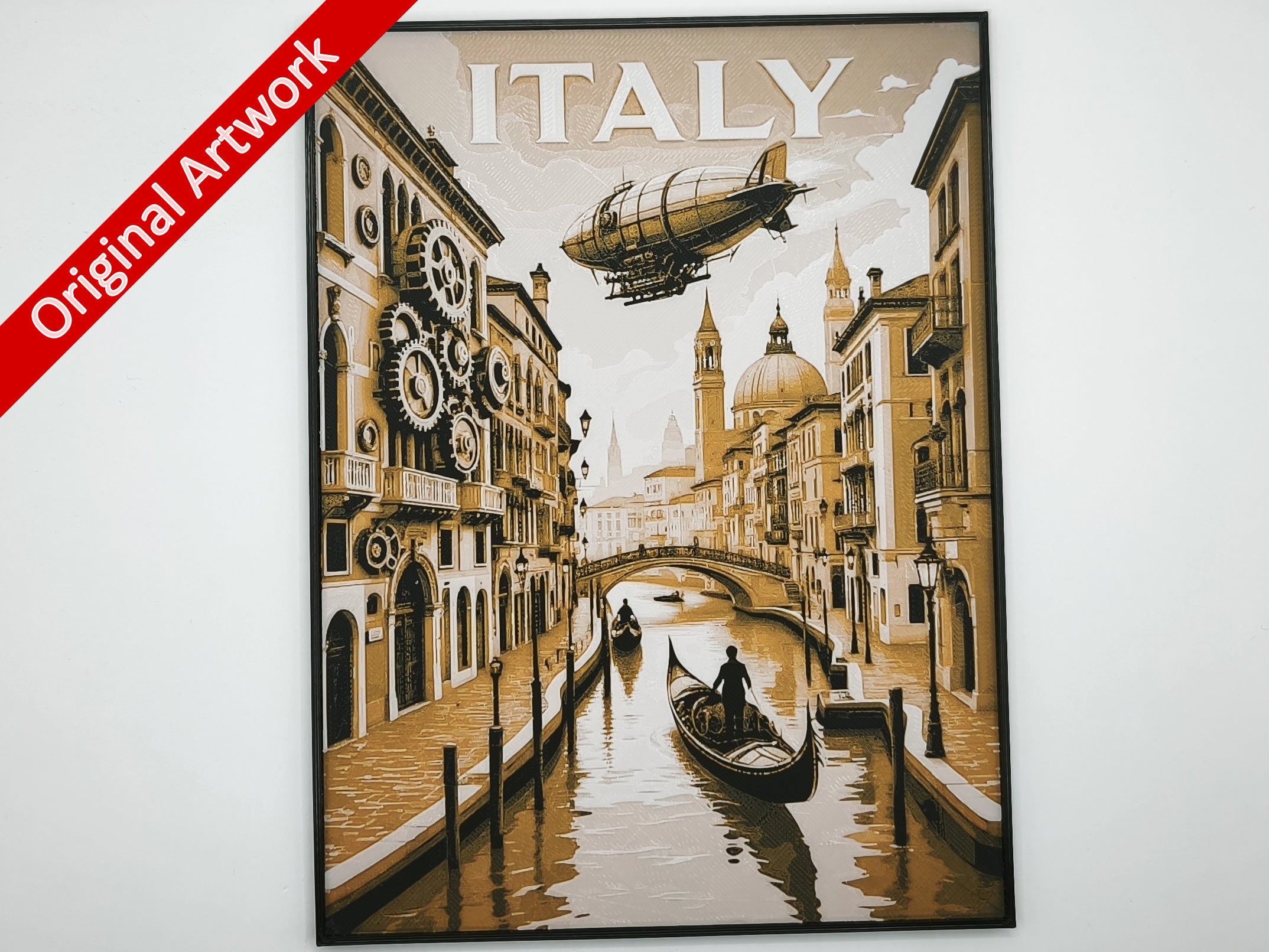 3D-printed travel poster of Italy in steampunk style with frame