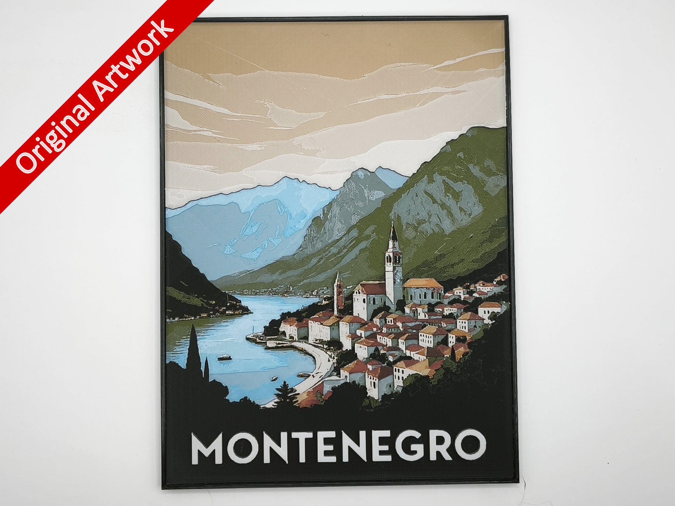 3D-printed travel poster of Montenegro with frame