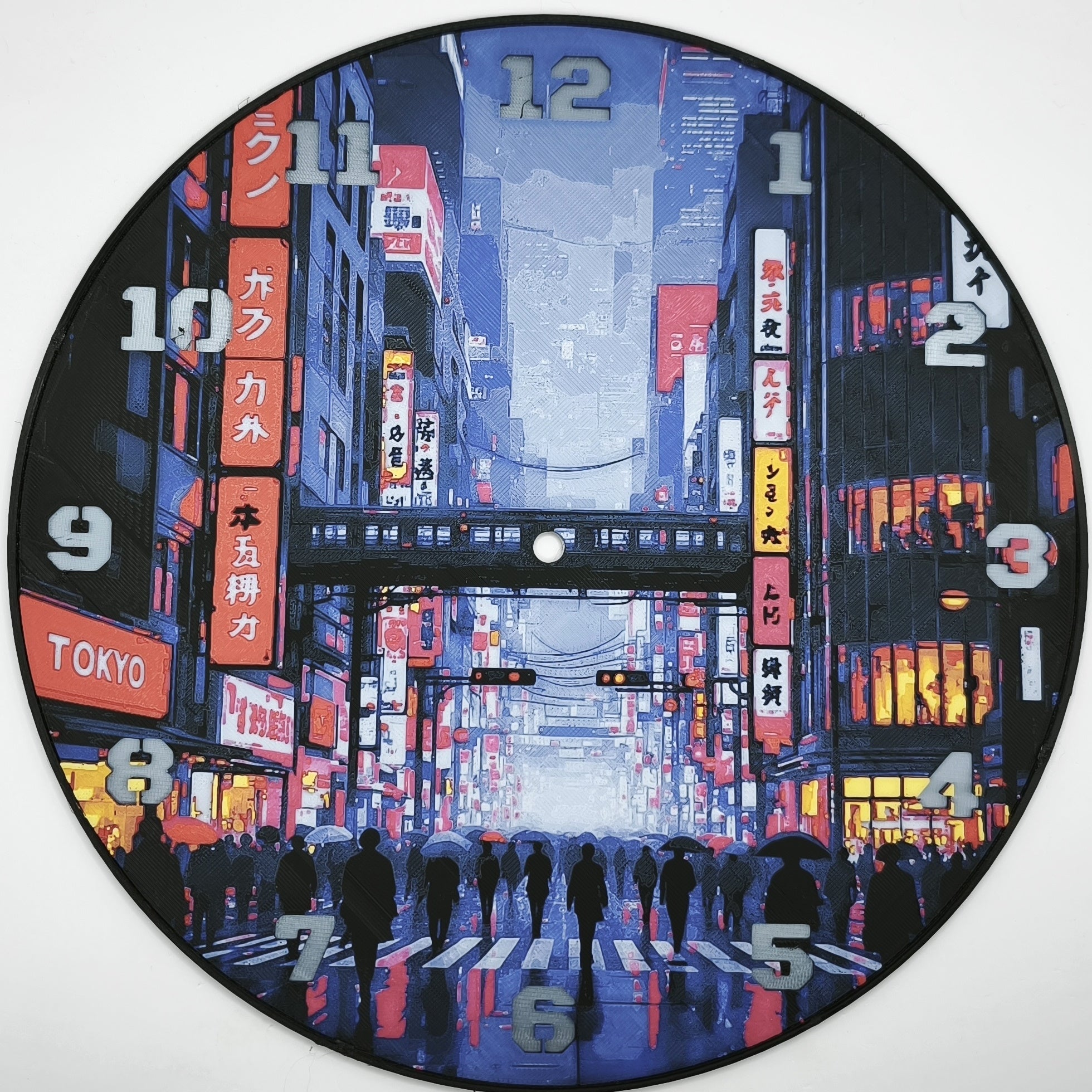 Horloge complète : Tokyo cyberpunk (impression 3D) avec les nombres en couleur argent
