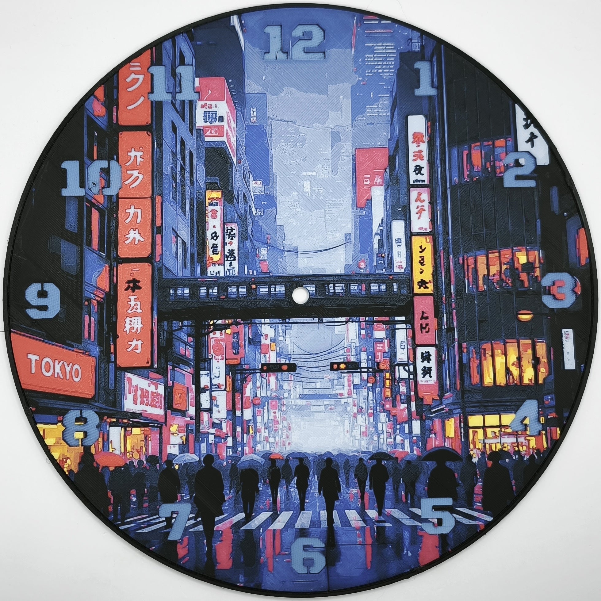 Horloge complète : Tokyo cyberpunk (impression 3D) avec les nombres en couleur bleu