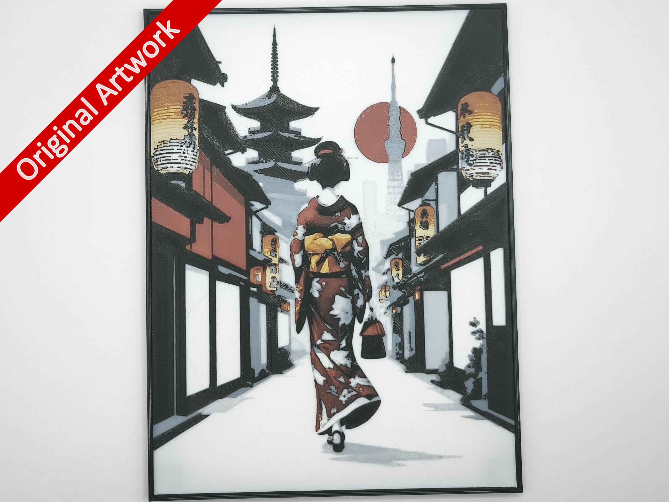 Affiche/poster Une Geisha dans Kyoto (version de dos) imprimée en 3d avec cadre
