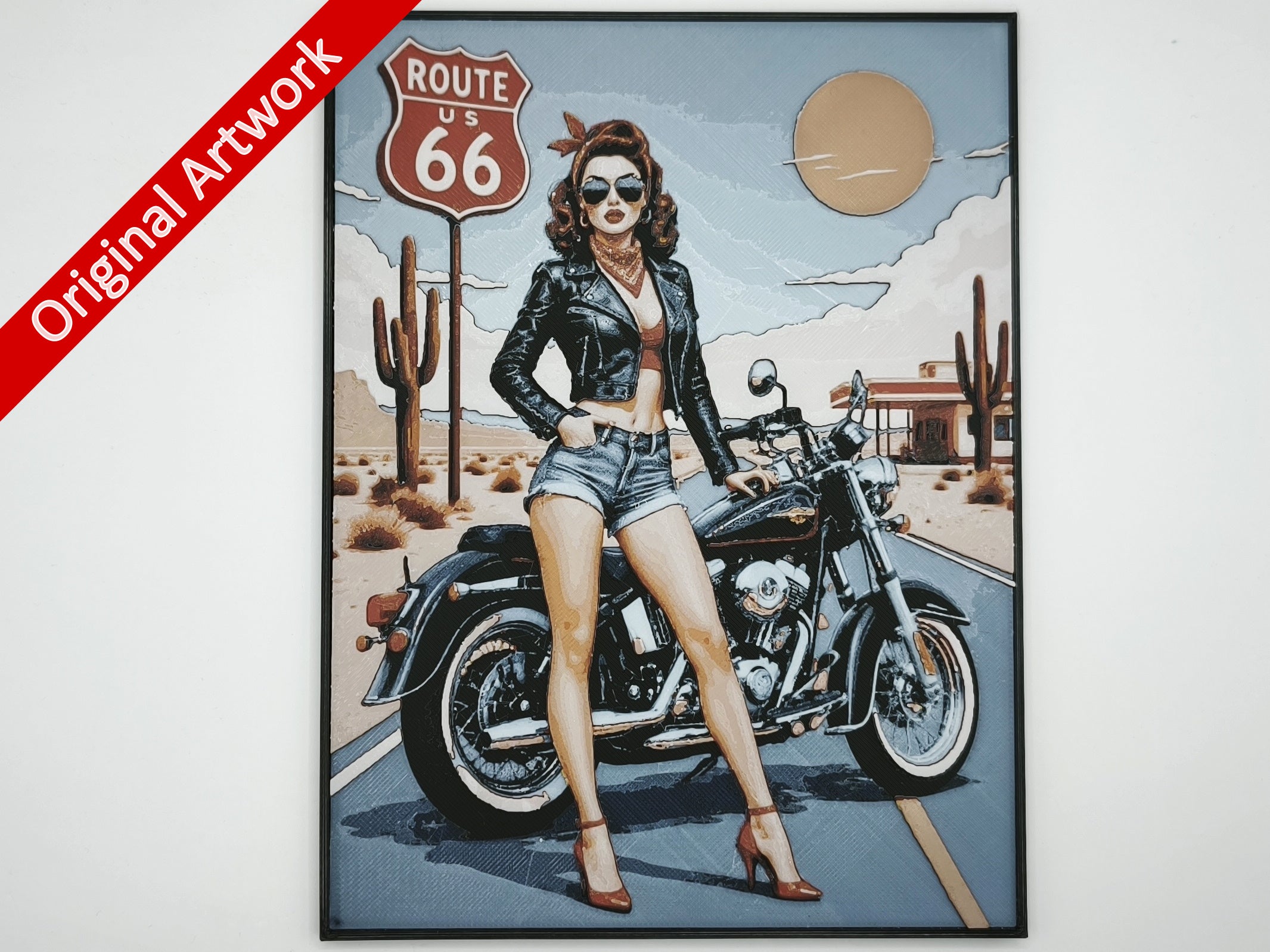 Affiche/poster de pinup route 66 imprimée en 3d avec cadre