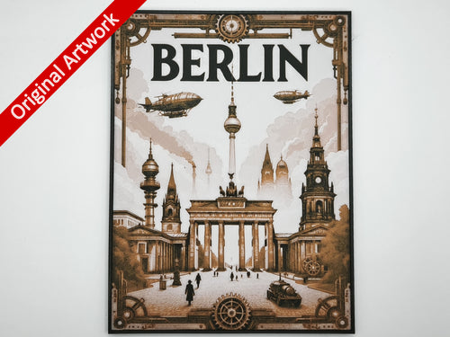 Affiche/poster de voyage de Berlin imprimée en 3d style steampunk avec cadre
