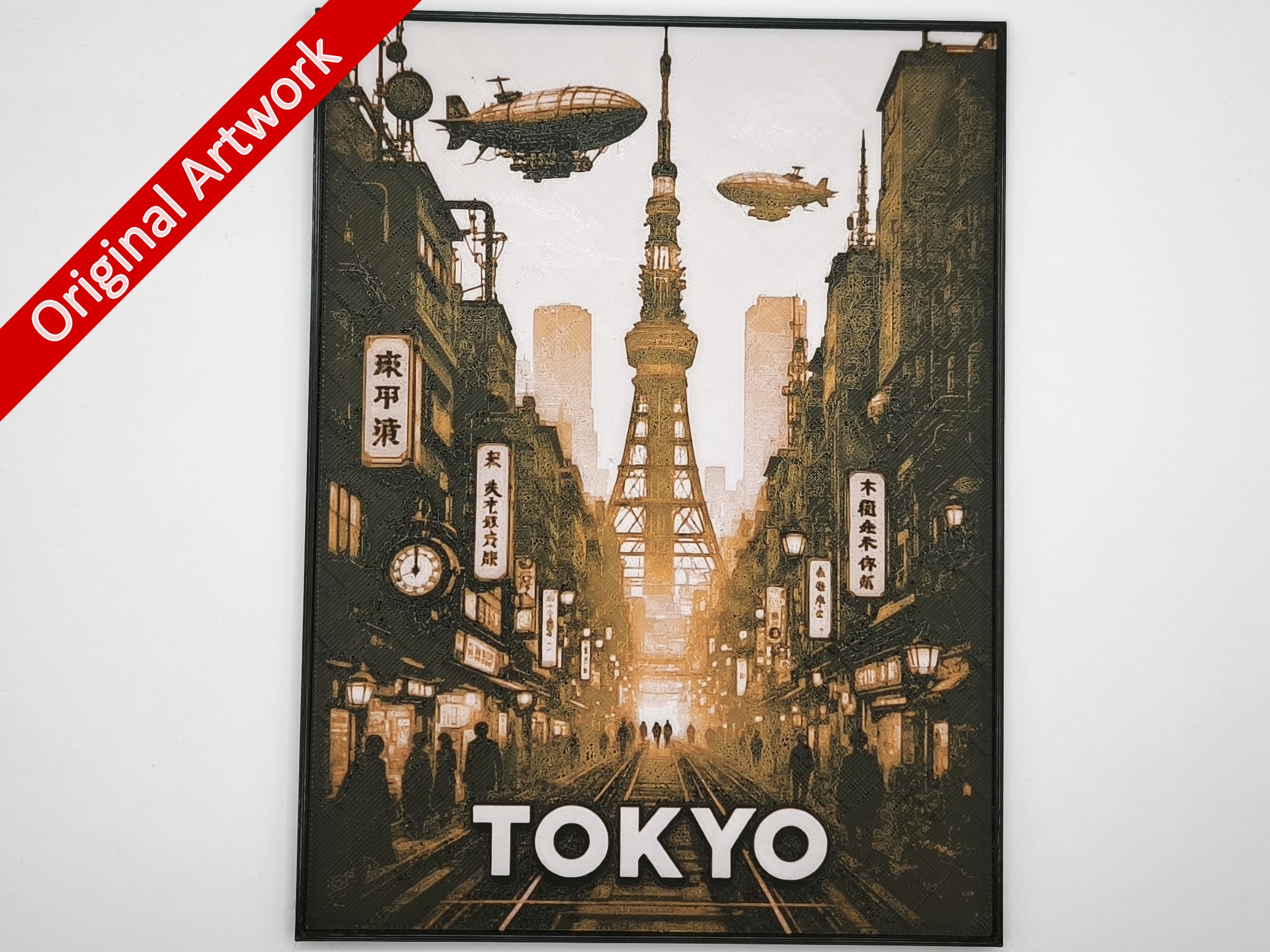 Affiche/poster de voyage de Tokyo (version 1) imprimée en 3d style steampunk avec cadre
