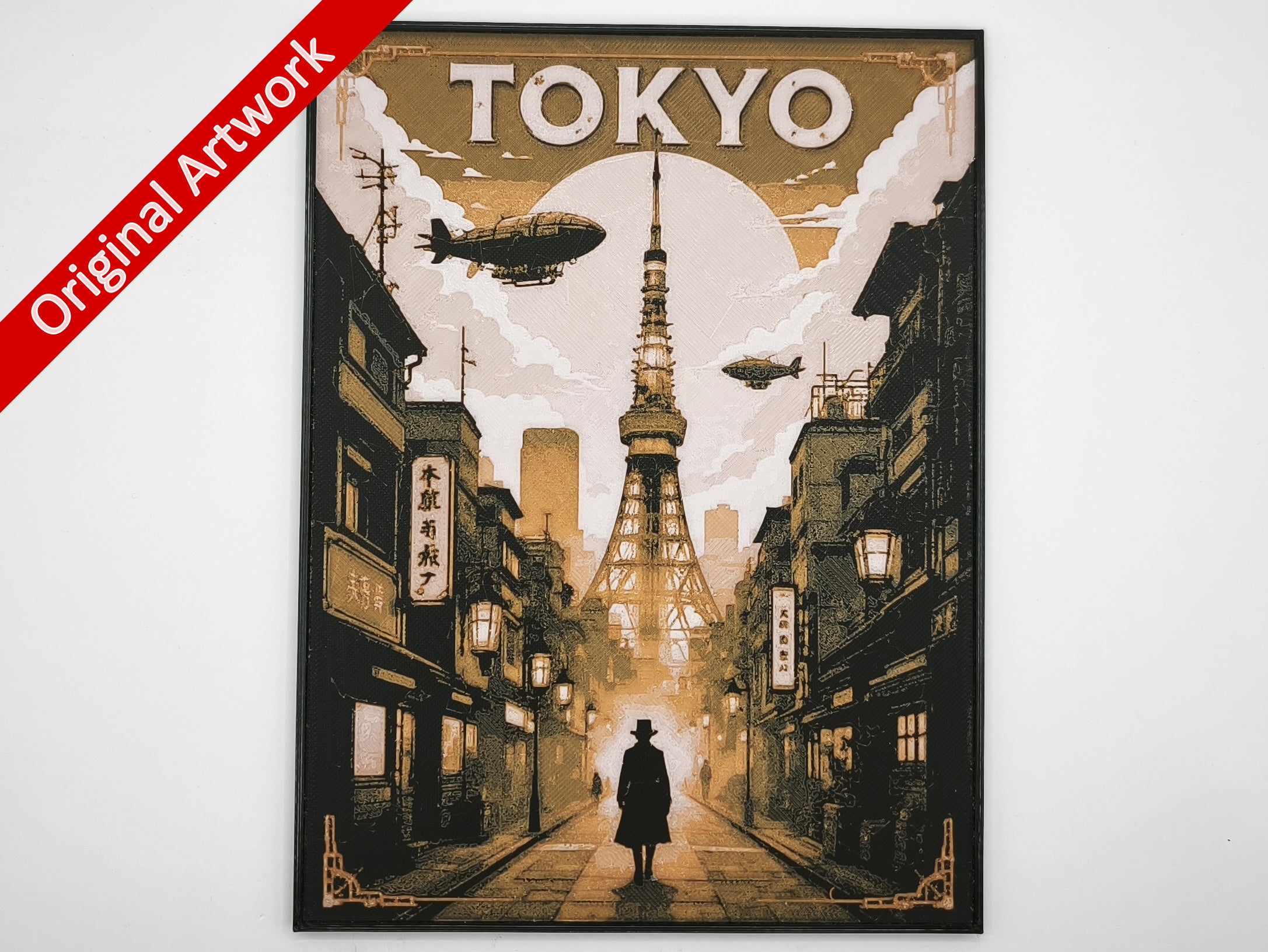 Affiche/poster de voyage de Tokyo (version 2) imprimée en 3d style steampunk avec cadre
