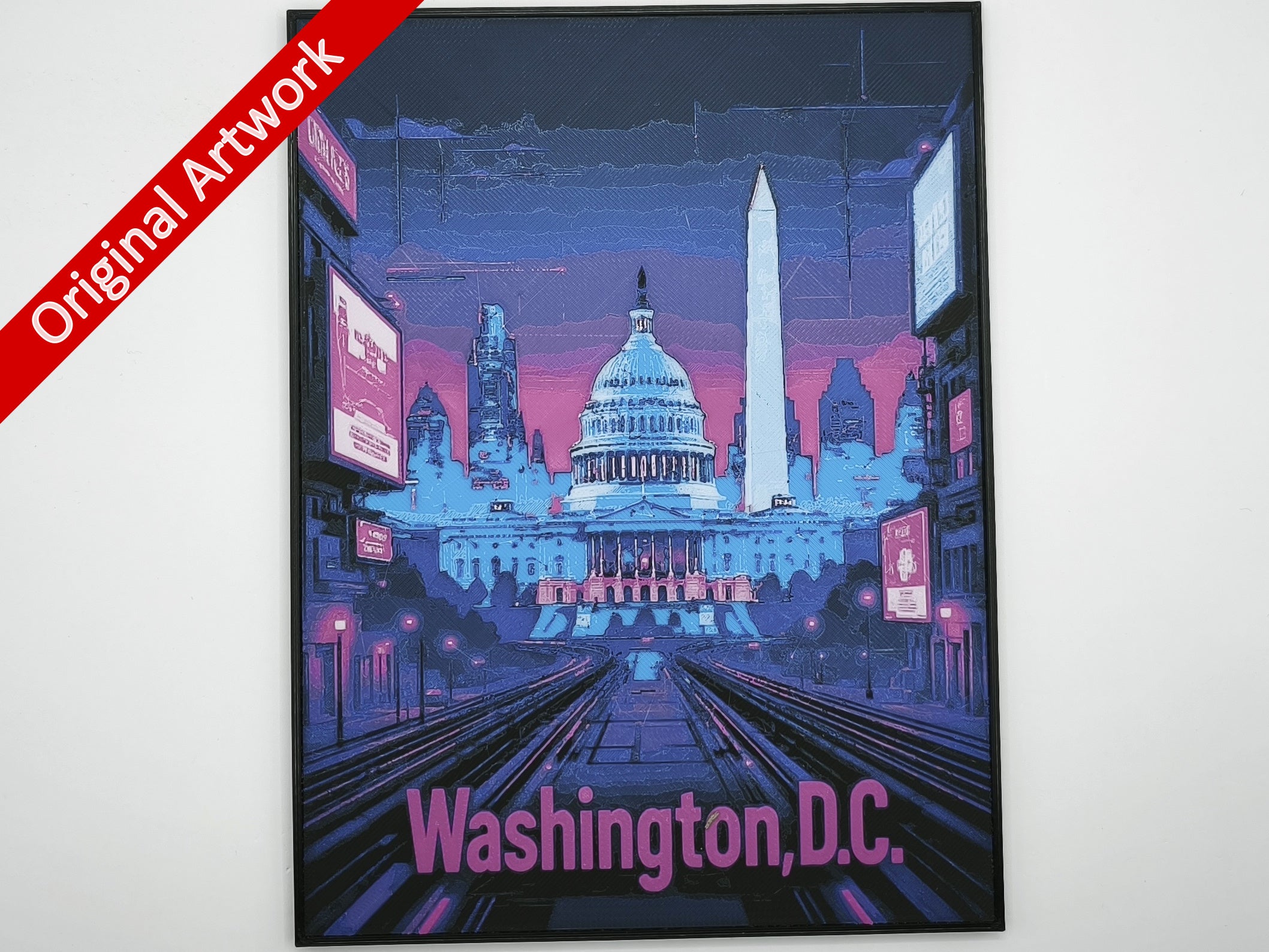 Affiche/poster de voyage de Washington D.C. imprimée en 3d style cyberpunk avec cadre
