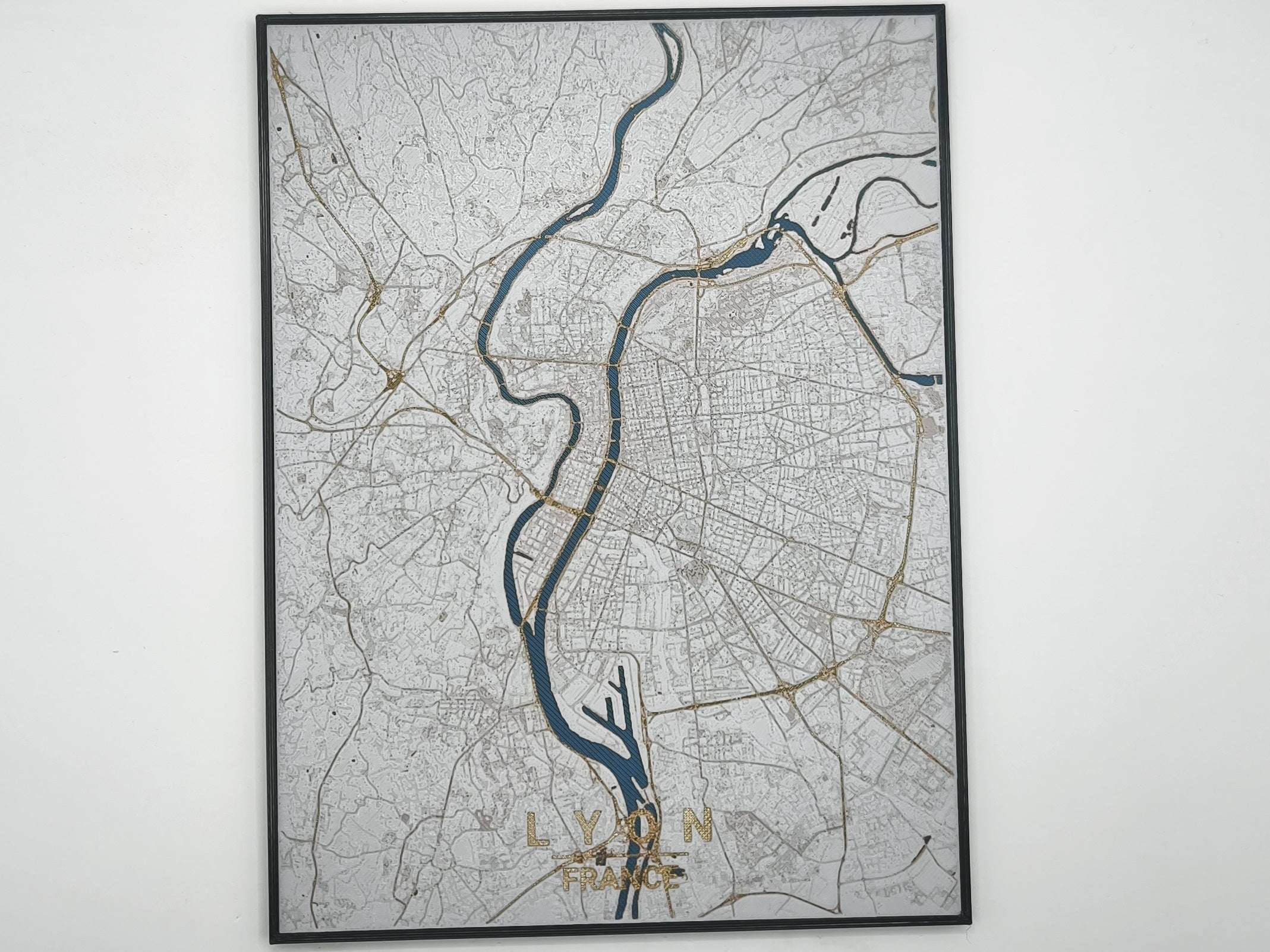 Carte de Lyon imprimée en 3d couleur cuivre avec cadre