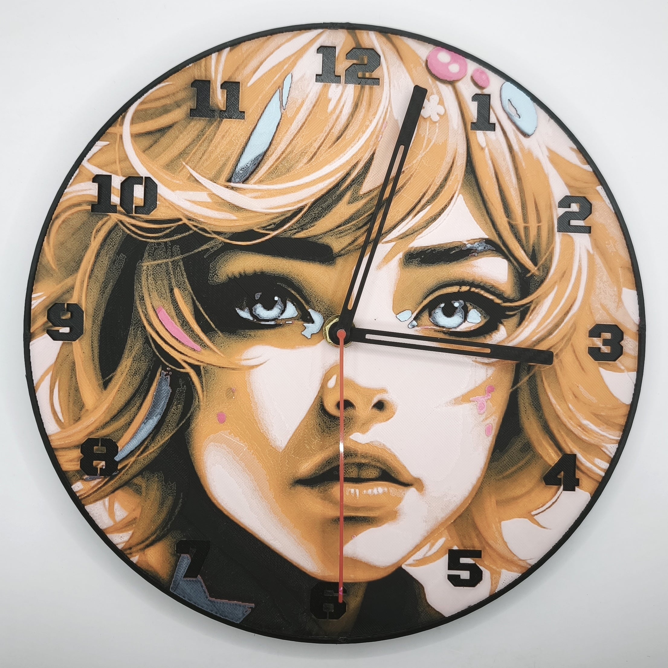 Horloge complète : Flamme Azur (impression 3D) avec les nombres en couleur noir avec aiguilles