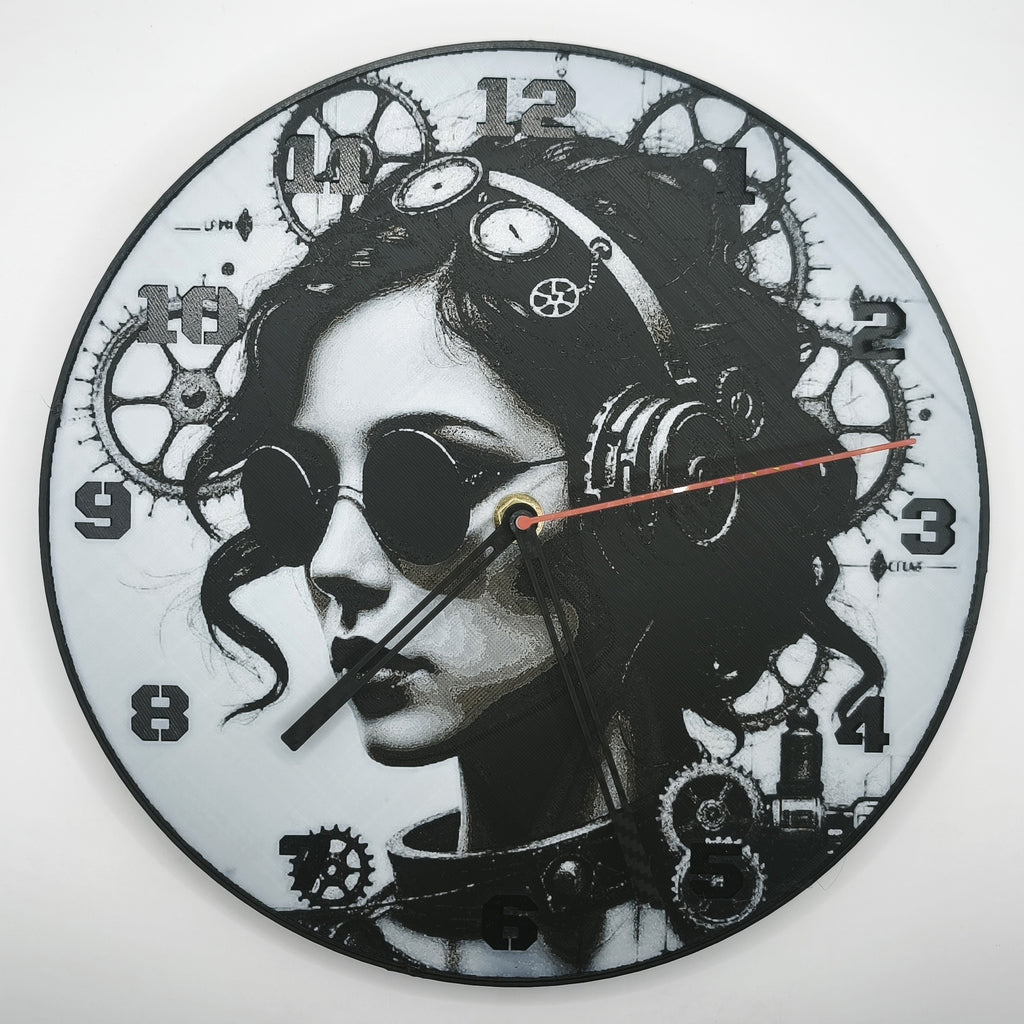 Horloge complète : Lady steampunk (impression 3D) avec les nombres en couleur noir avec aiguilles
