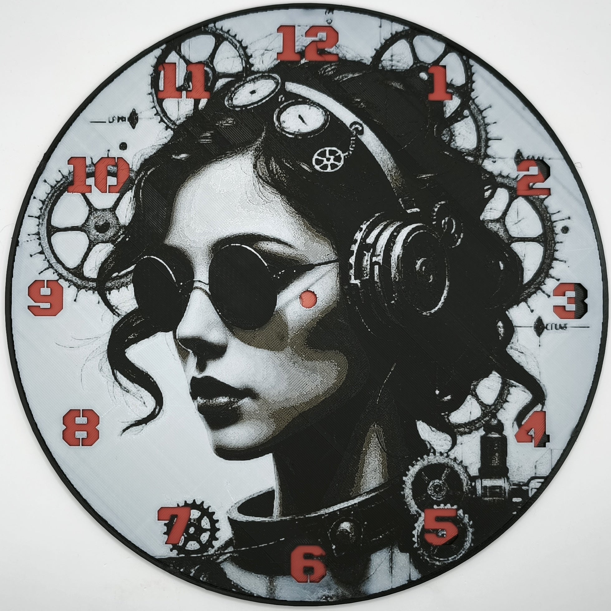 Horloge complète : Lady steampunk (impression 3D) avec les nombres en couleur rouge
