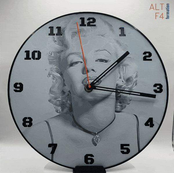 Horloge complète : Marilyn Monroe (impression 3D) avec les nombres en couleur noir