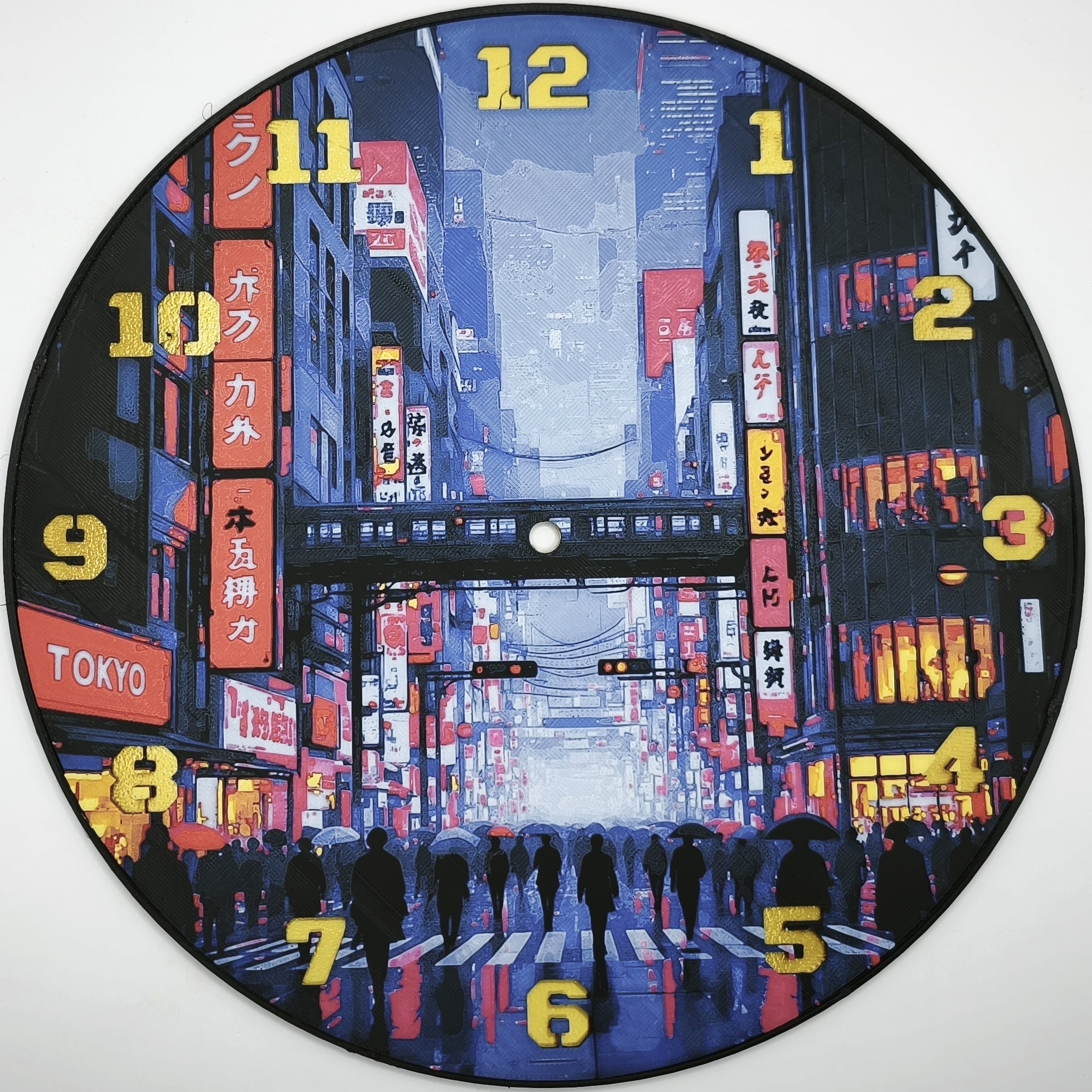 Horloge complète : Tokyo cyberpunk (impression 3D) avec les nombres en couleur or
