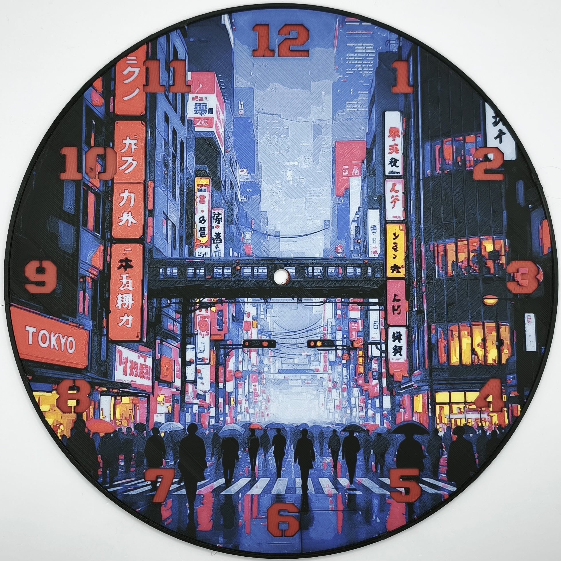 Horloge complète : Tokyo cyberpunk (impression 3D) avec les nombres en couleur rouge