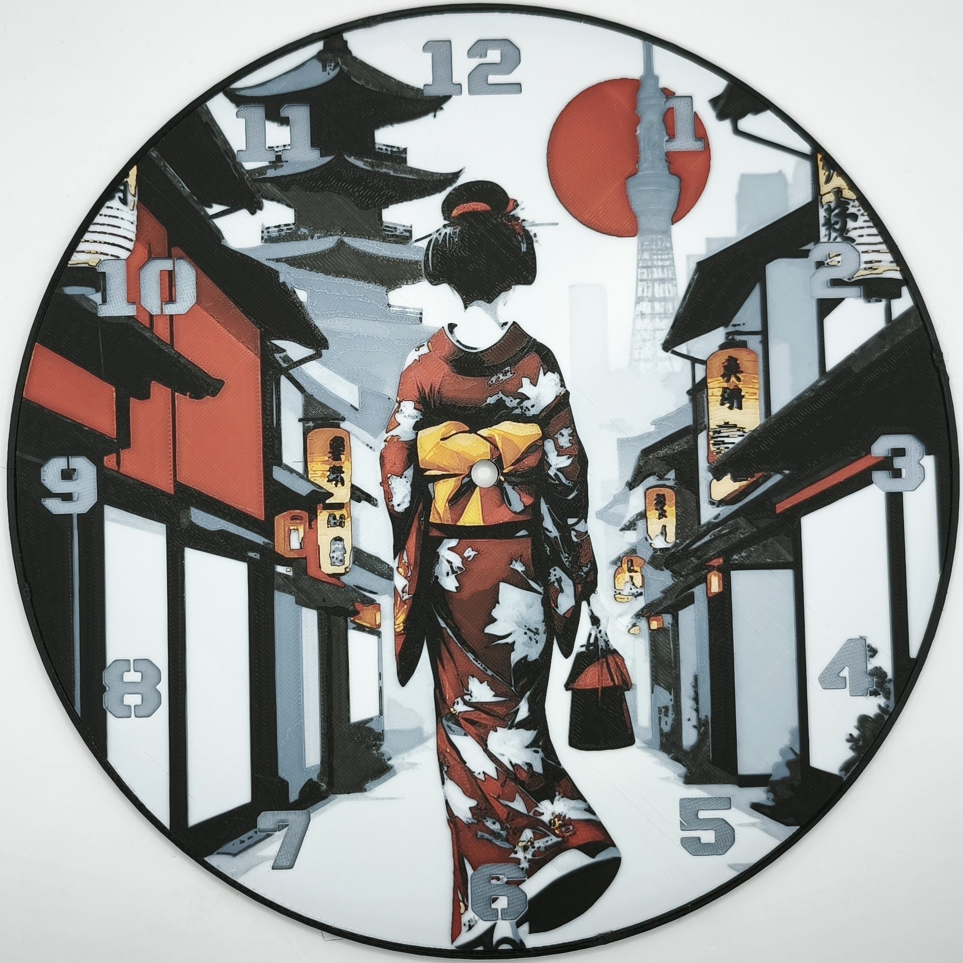 Horloge complète : Une Geisha dans Kyoto de dos (impression 3D) avec les nombres en couleur argent