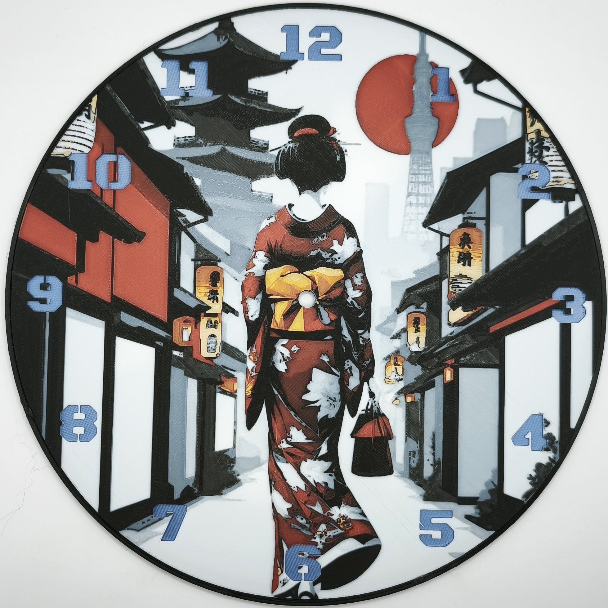 Horloge complète : Une Geisha dans Kyoto de dos (impression 3D) avec les nombres en couleur bleu