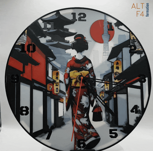 Horloge complète : Une Geisha dans Kyoto de dos (impression 3D) avec les nombres en couleur noir
