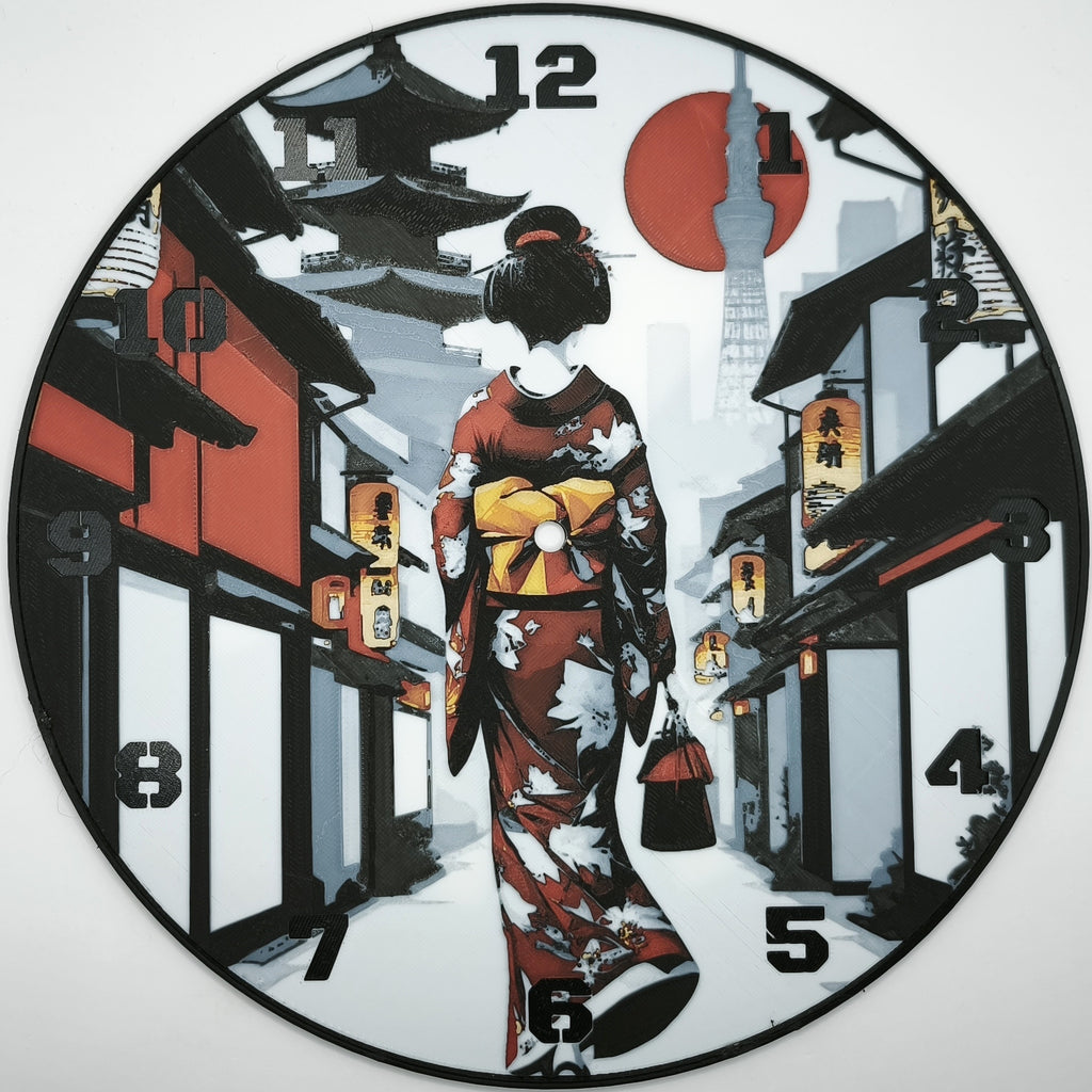 Horloge complète : Une Geisha dans Kyoto de dos (impression 3D) avec les nombres en couleur noir
