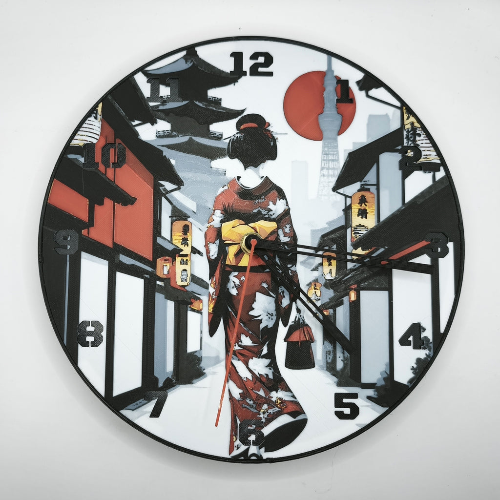 Horloge complète : Une Geisha dans Kyoto de dos (impression 3D) avec les nombres en couleur noir avec aiguilles