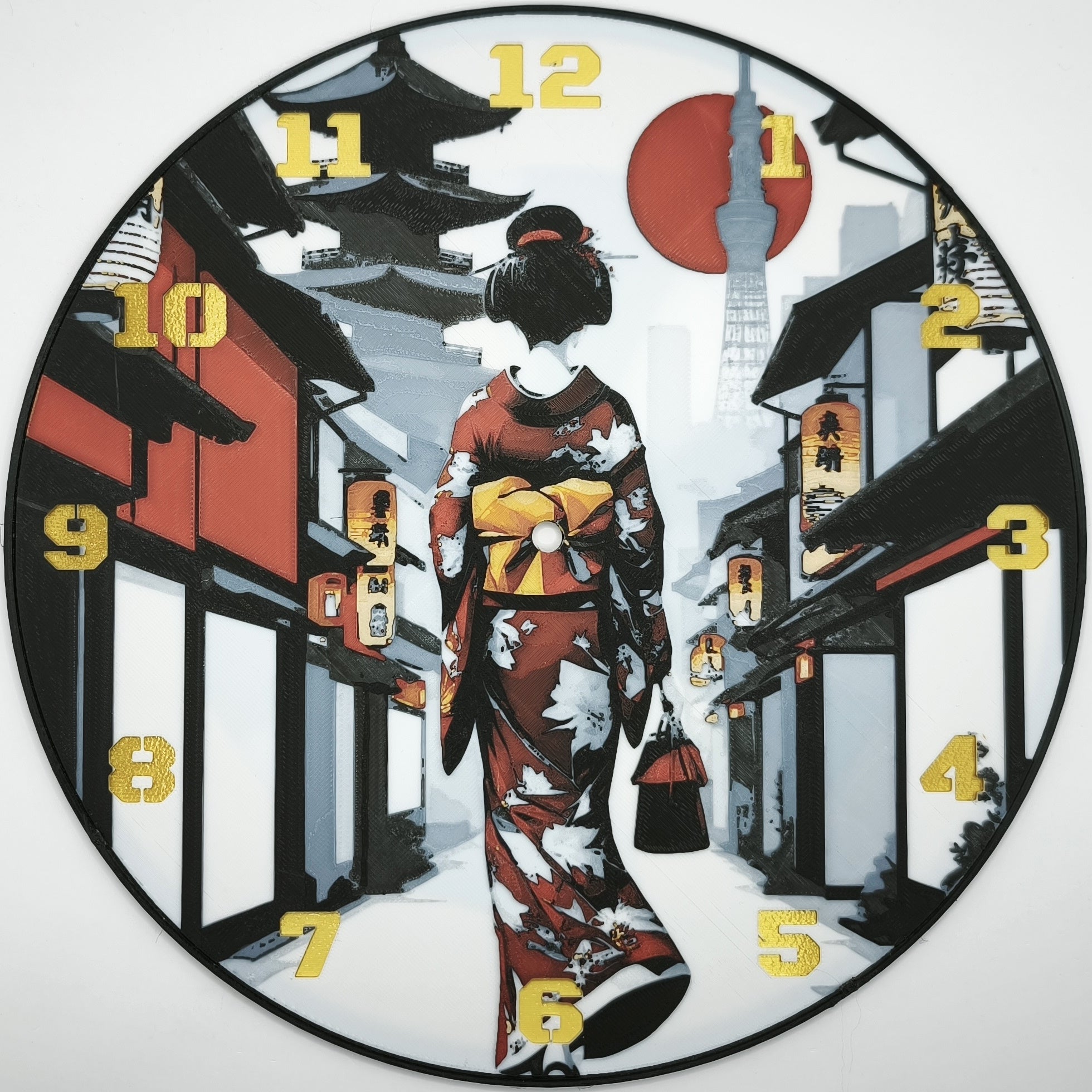 Horloge complète : Une Geisha dans Kyoto de dos (impression 3D) avec les nombres en couleur or