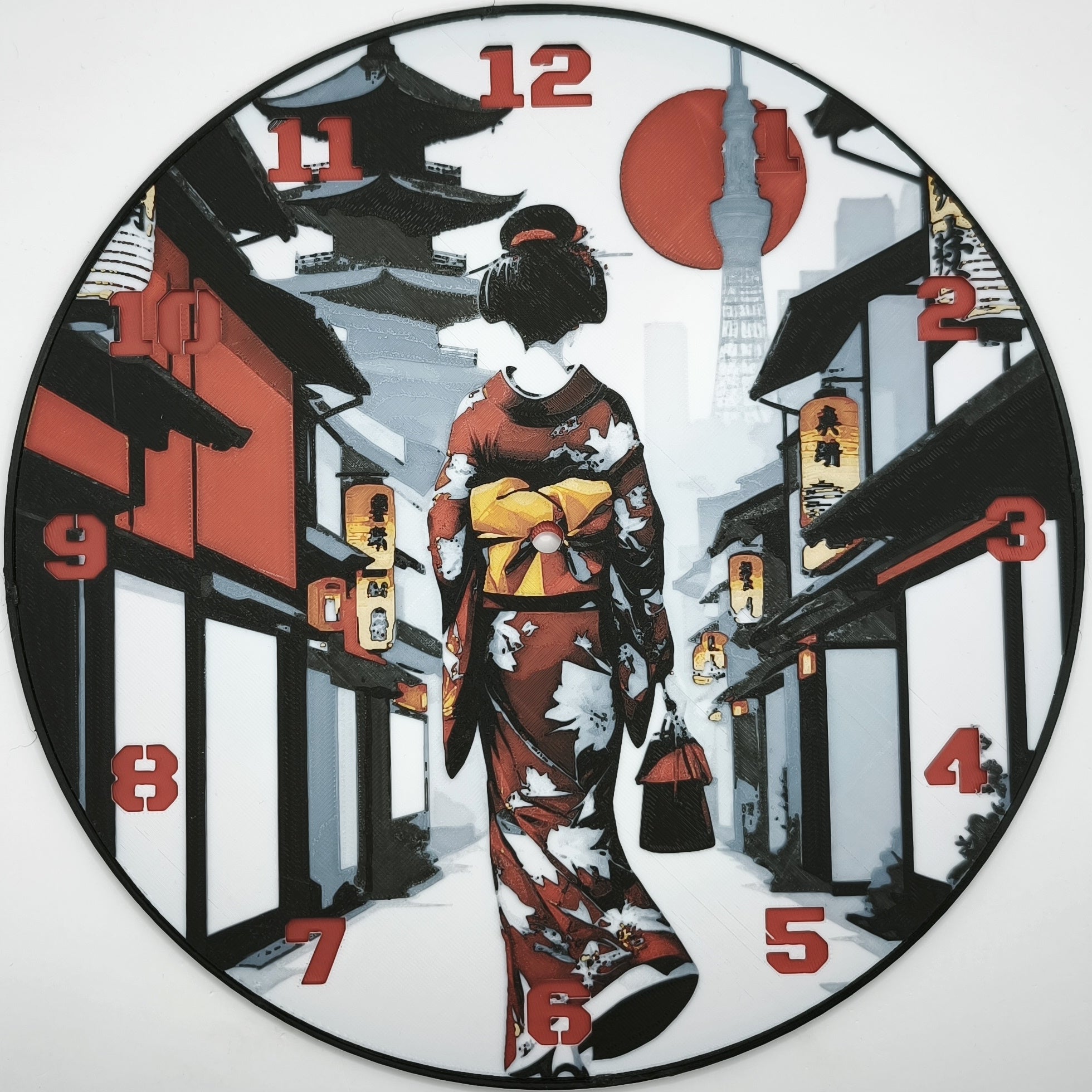 Horloge complète : Une Geisha dans Kyoto de dos (impression 3D) avec les nombres en couleur rouge