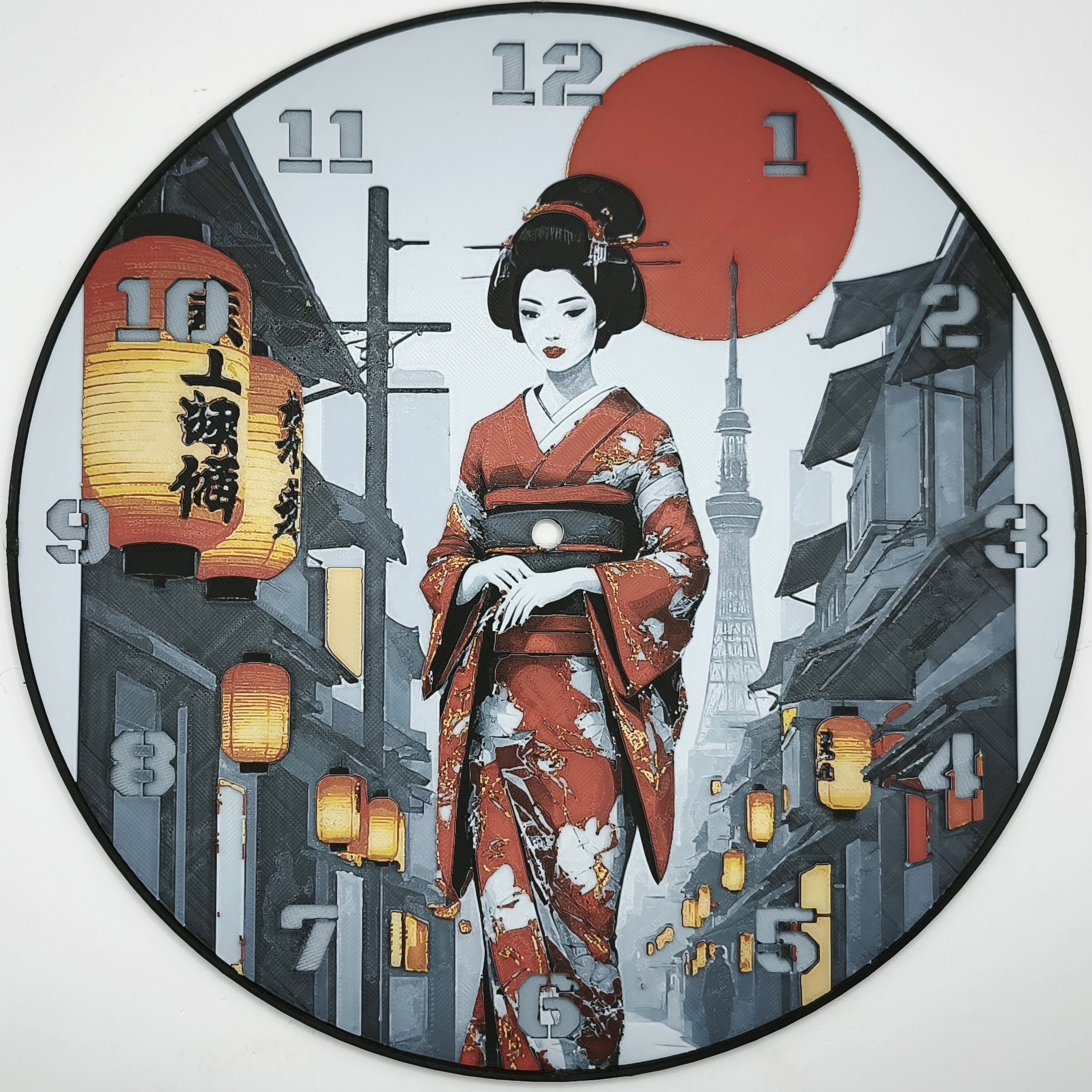 Horloge complète : Une Geisha dans Kyoto de face (impression 3D) avec les nombres en couleur argent
