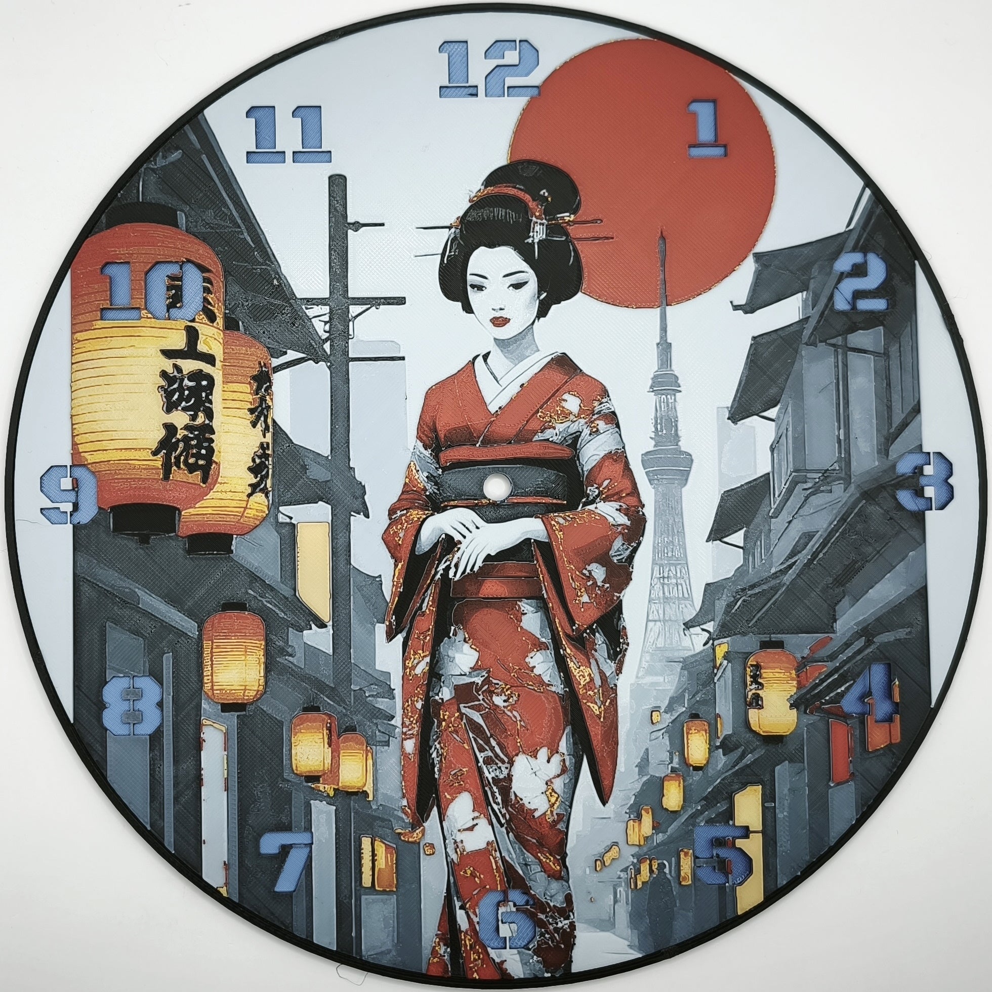 Horloge complète : Une Geisha dans Kyoto de face (impression 3D) avec les nombres en couleur bleu
