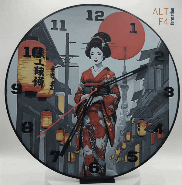 Horloge complète : Une Geisha dans Kyoto de face (impression 3D) avec les nombres en couleur noir
