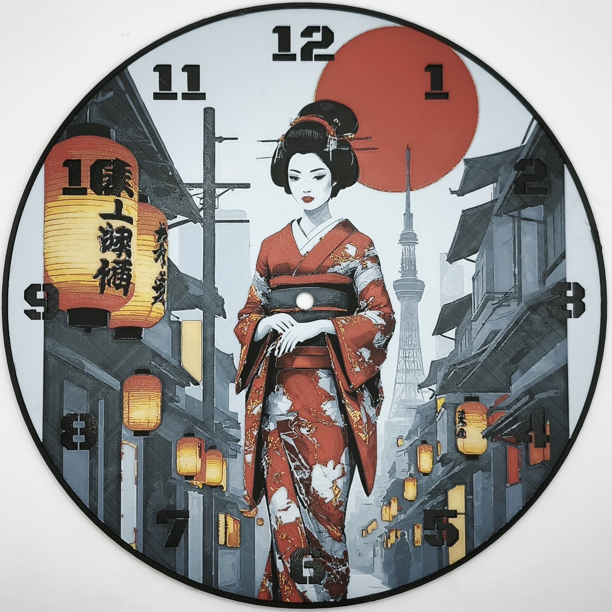 Horloge complète : Une Geisha dans Kyoto de face (impression 3D) avec les nombres en couleur noir
