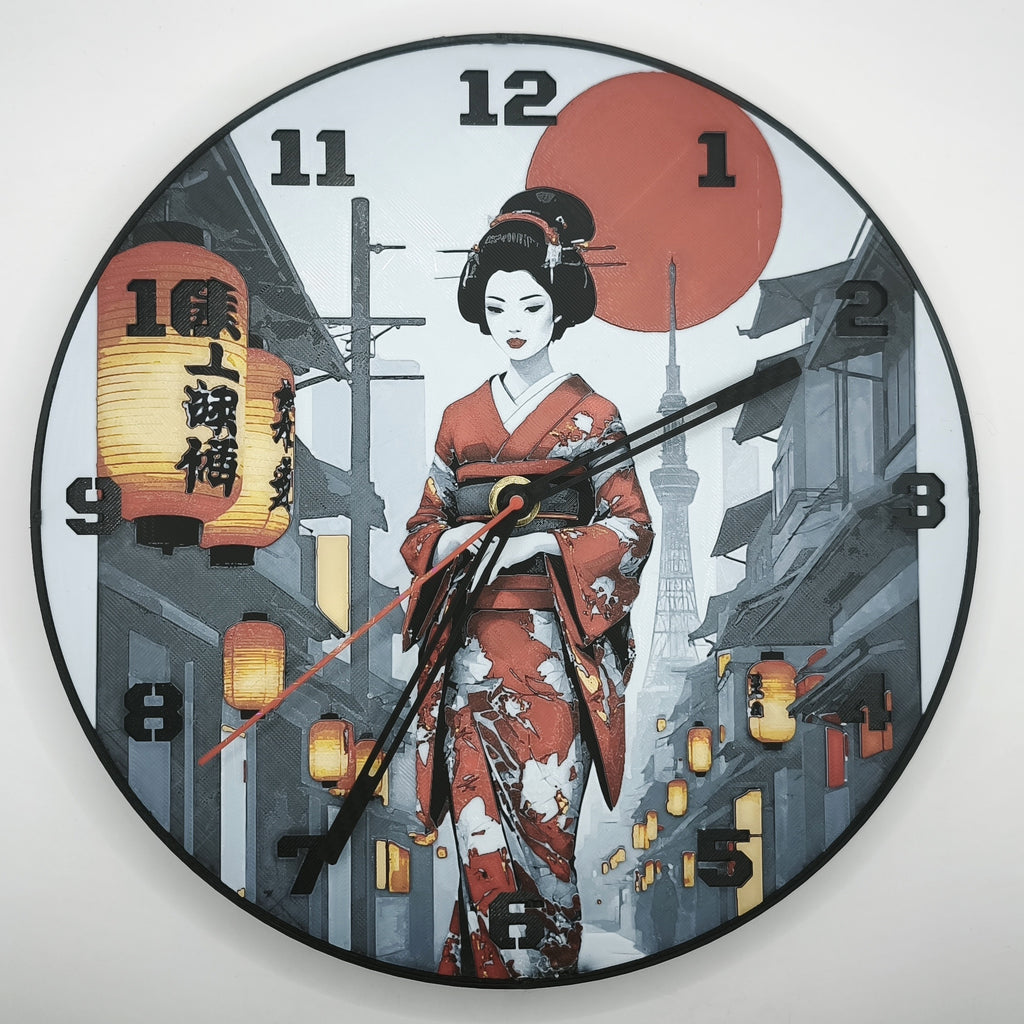 Horloge complète : Une Geisha dans Kyoto de face (impression 3D) avec les nombres en couleur noir avec aiguilles
