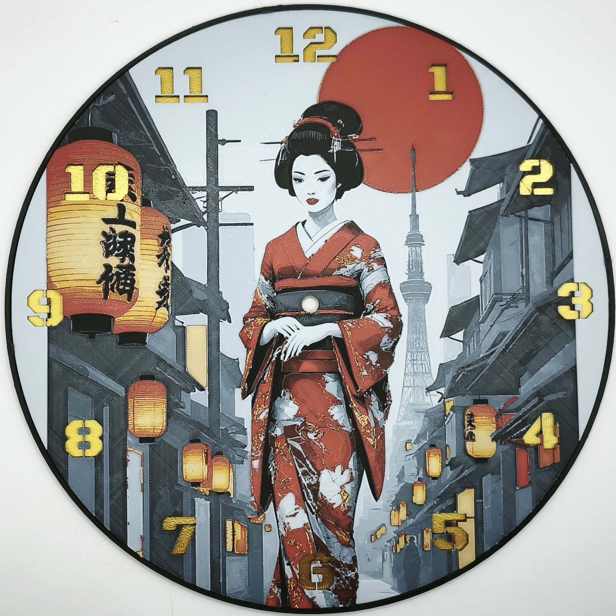 Horloge complète : Une Geisha dans Kyoto de face (impression 3D) avec les nombres en couleur or

