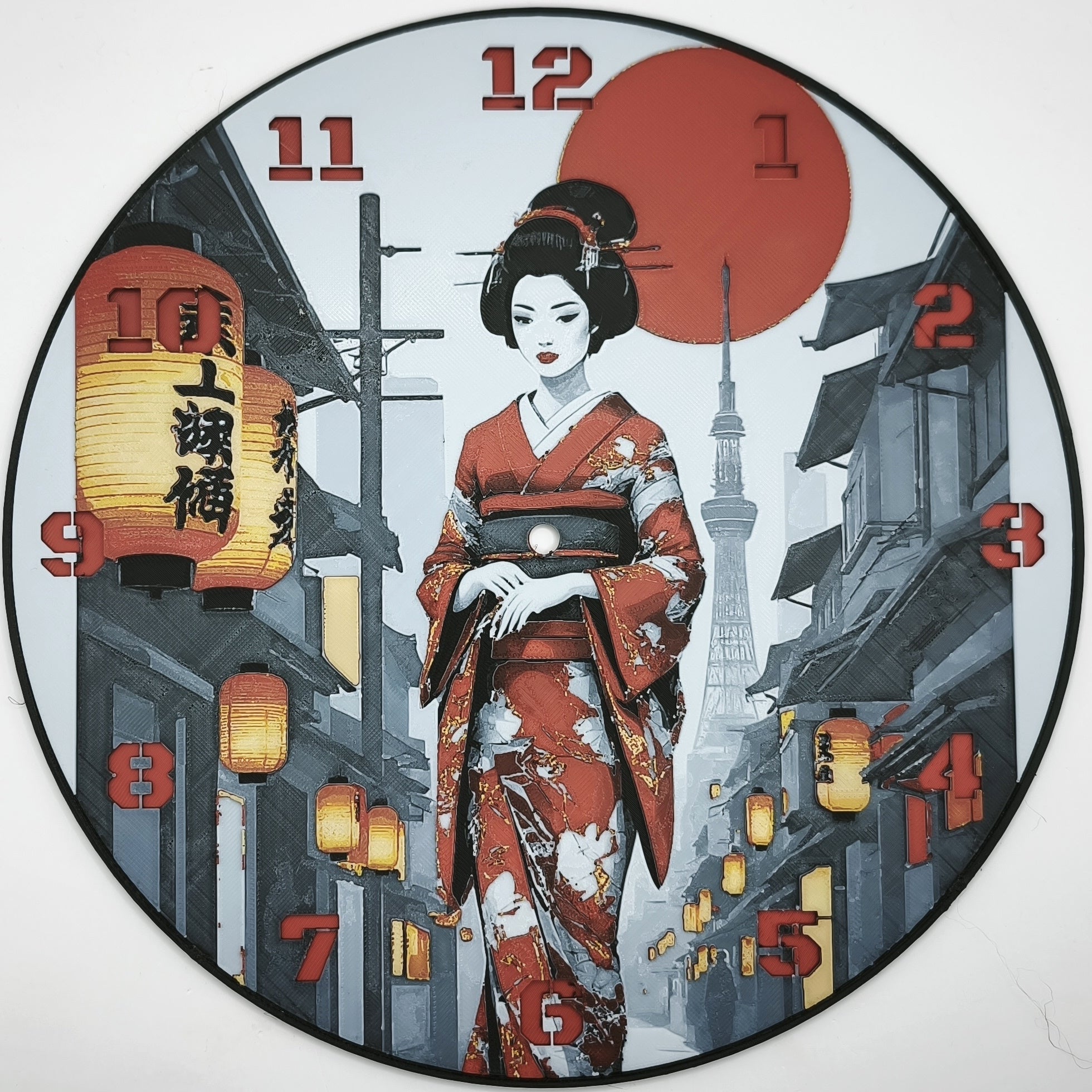 Horloge complète : Une Geisha dans Kyoto de face (impression 3D) avec les nombres en couleur rouge
